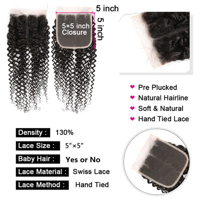 Indian Jerry Curly 3 Bundles with 4x4 Lace Closure Virgin Human Hair Extensions