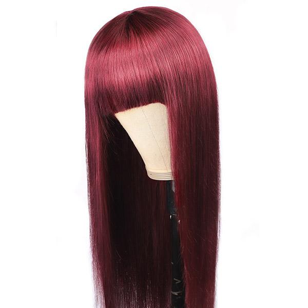 QTHAIR 12A 99J Burgundy Color Straight Hair No Lace Wig With Bangs - QT Hair