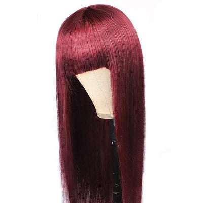 QTHAIR 12A 99J Burgundy Color Straight Hair No Lace Wig With Bangs - QT Hair