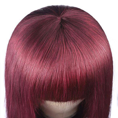 QTHAIR 12A 99J Burgundy Color Straight Hair No Lace Wig With Bangs - QT Hair