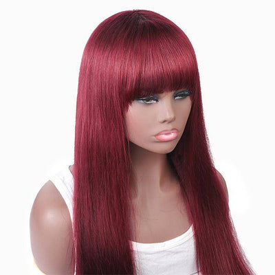 QTHAIR 12A 99J Burgundy Color Straight Hair No Lace Wig With Bangs - QT Hair
