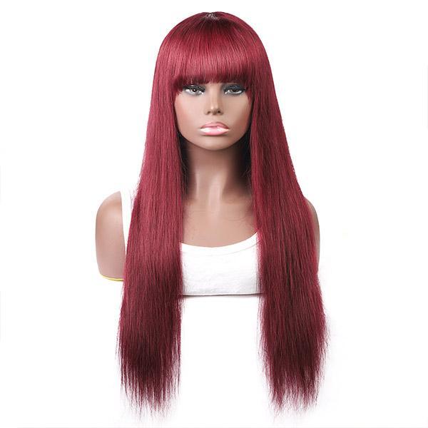QTHAIR 12A 99J Burgundy Color Straight Hair No Lace Wig With Bangs - QT Hair