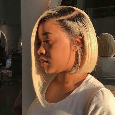 QT Hair Honey Blonde Highlight Short Bob Lace Frontal Wig Bone Straight 613 Human Hair ｜QT Hair