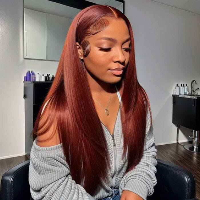Auburn Brown Color 8*5 Pre Cut Lace Wig Glueless Silky Straight Human Hair