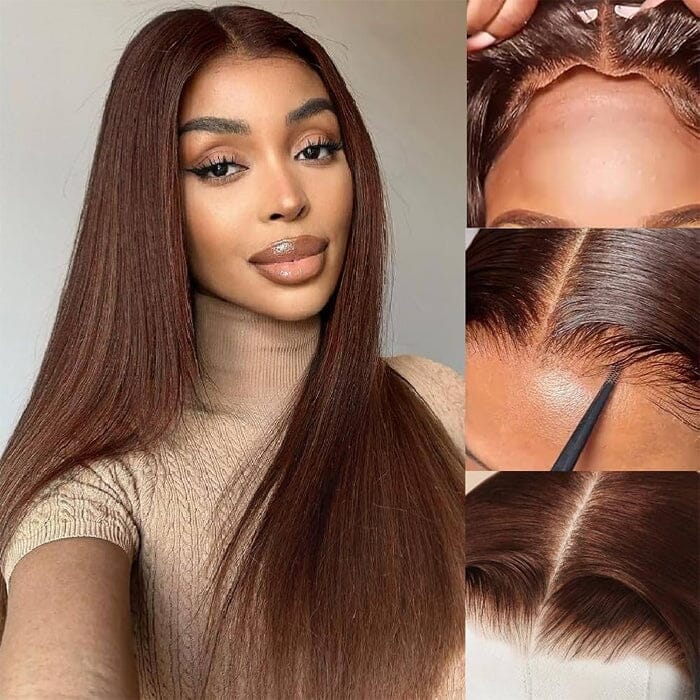 100 $ de réduction Code : NY100 Perruque en dentelle prédécoupée 8 x 5 sans colle couleur marron #4 cheveux humains raides