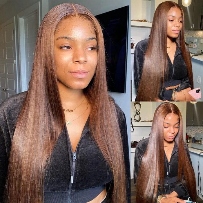 100 $ de réduction Code : NY100 Perruque en dentelle prédécoupée 8 x 5 sans colle couleur marron #4 cheveux humains raides