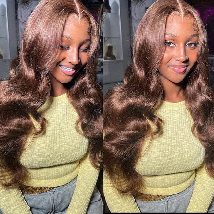 Pre Cut Glueless 8x5 Lace Closure Wig Pre Plucked Body Wave Brown Color Human Hair