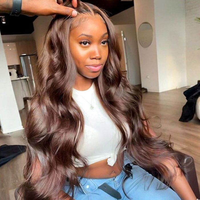 Pre Cut Glueless 8x5 Lace Closure Wig Pre Plucked Body Wave Brown Color Human Hair