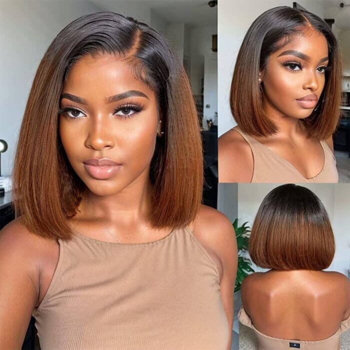 QT Hair Dark Roots Ombre Color 30 Lace Wigs Short Bob Siky Straight Human Hair ｜QT Hair