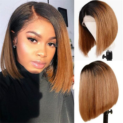 QT Hair Dark Roots Ombre Color 30 Lace Wigs Short Bob Siky Straight Human Hair ｜QT Hair