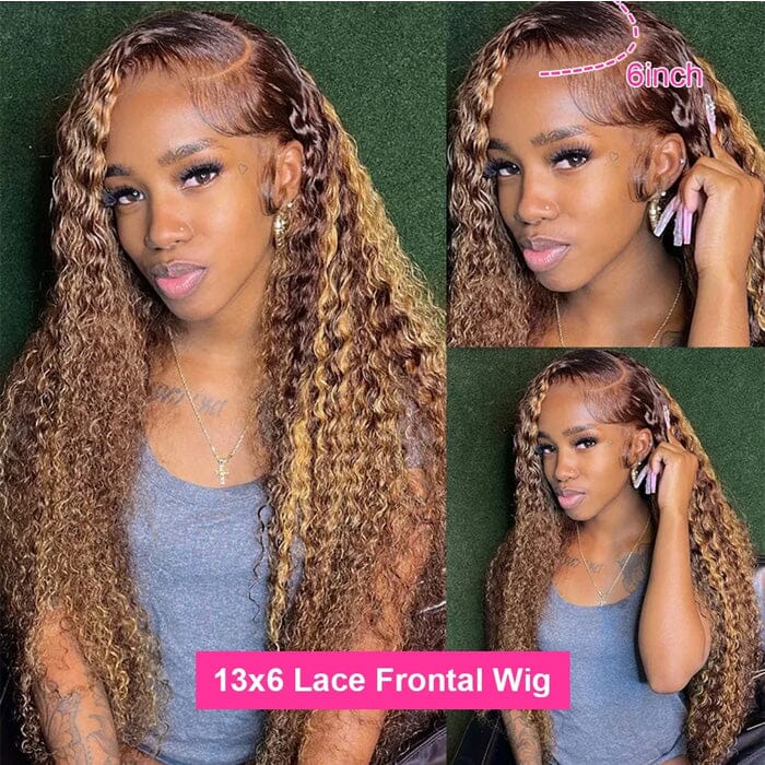 Deep Wave 13x4 13x6 Lace Frontal Wigs Ombre Highlight Brown Human Hair ｜QT Hair