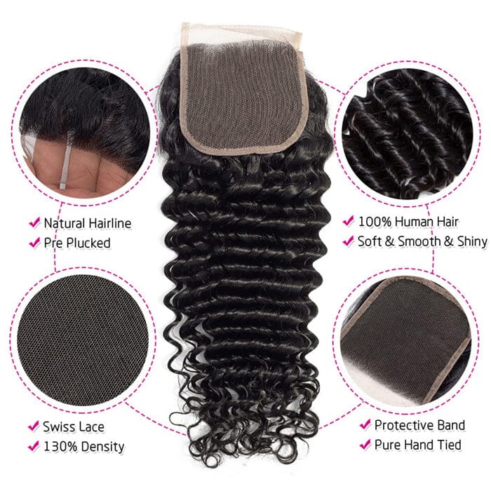 Deep Wave Virgin Human Hair 4*4 Swiss Lace Closure Pre Plucked with Baby Hair ｜QT Hair