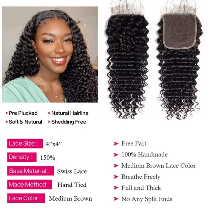 Deep Wave Virgin Human Hair 4*4 Swiss Lace Closure Pre Plucked with Baby Hair ｜QT Hair