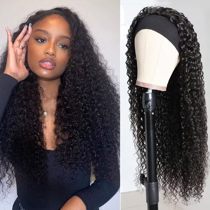 Headband Curly Wig Scarf Human Hair Virgin Human Hair Glueless Non Lace Front Wig 150% 180% 200% Density Human Hair Headband Wigs ｜QT Hair