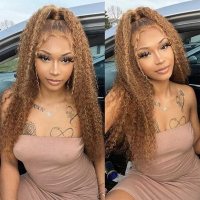 Jerry Curly Honey Blonde Brown Color Highlight Lace Frontal Wigs Human Hair ｜QT Hair