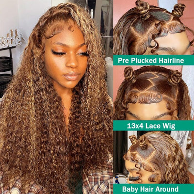 Jerry Curly Honey Blonde Brown Color Highlight Lace Frontal Wigs Human Hair ｜QT Hair