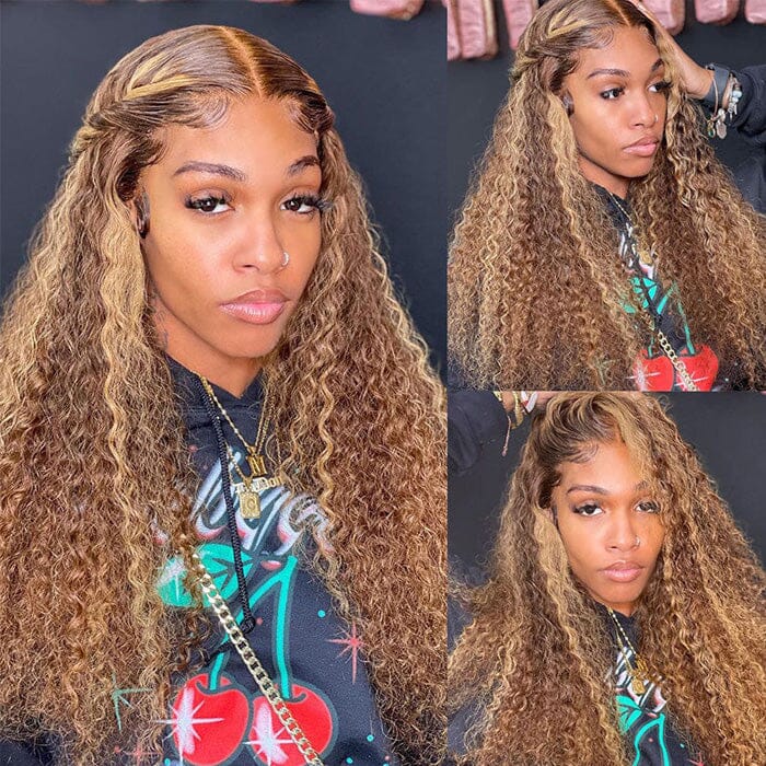 Jerry Curly Honey Blonde Brown Color Highlight Lace Frontal Wigs Human Hair ｜QT Hair