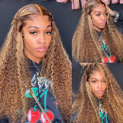 Jerry Curly Honey Blonde Brown Color Highlight Lace Frontal Wigs Human Hair ｜QT Hair