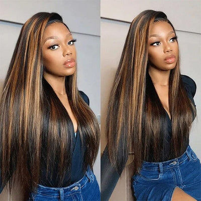 Perruque en dentelle pré-coupée sans colle, cheveux humains, lisse et soyeux, 8x5, effet balayage brun ombré