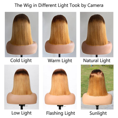 Ombre Brown Honey Blonde Color Lace Wigs Pre Plucked Short Bob Double Drawn Raw Human Hair