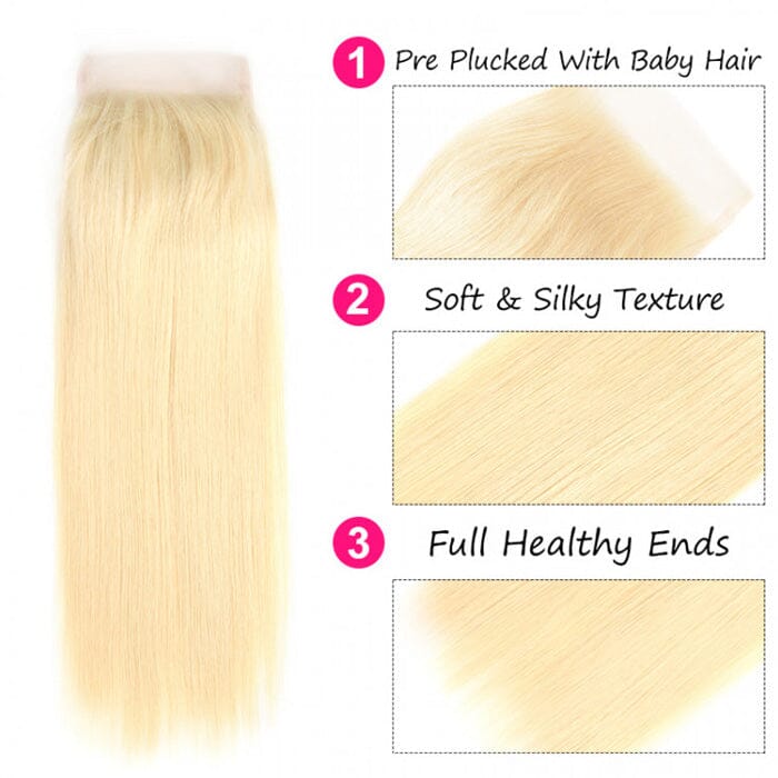 Peruvian Blonde Color 613 Straight Human Hair 4 Bundles with 4x4 Lace Closure ｜QT Hair