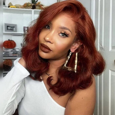 QT Auburn Brown Color Body Wave Lace Wigs Pre Plucked Short Bob Human Hair ｜QT Hair