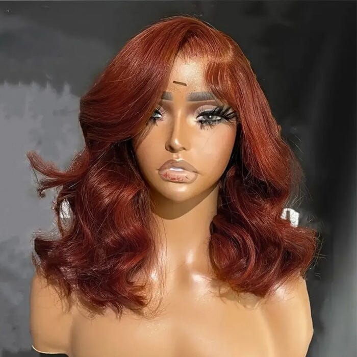 QT Auburn Brown Color Body Wave Lace Wigs Pre Plucked Short Bob Human Hair ｜QT Hair