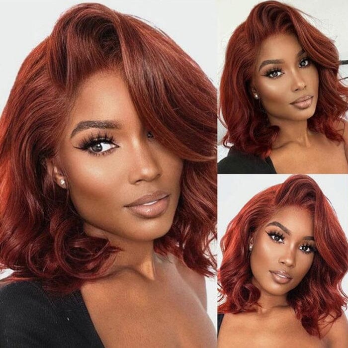 QT Auburn Brown Color Body Wave Lace Wigs Pre Plucked Short Bob Human Hair ｜QT Hair