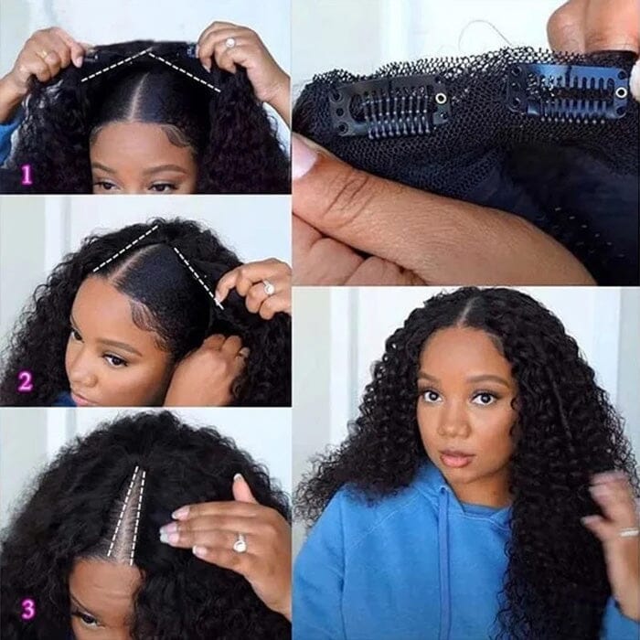 QT Clearance Sale Jerry Curly V Part Wig Human Hair No Leave Out Meet Real Scalp ｜QT Hair