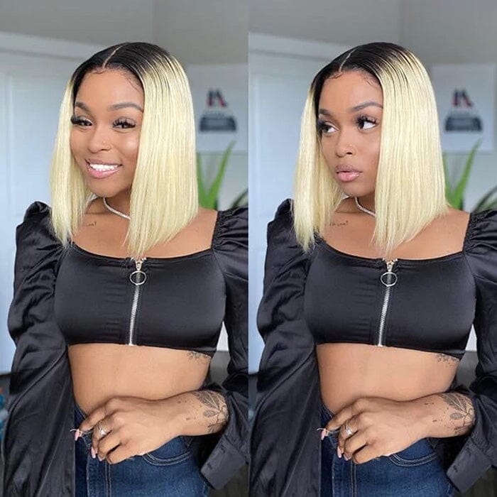 QT Hair Honey Blonde Highlight Short Bob Lace Frontal Wig Bone Straight 613 Human Hair ｜QT Hair