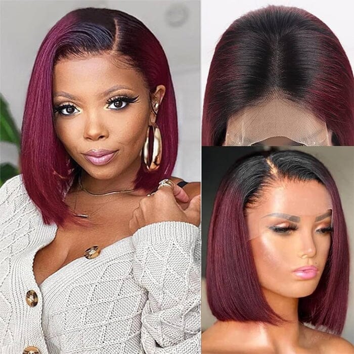 QT Hair 1B/99J Color Short Bob Wig Pre Plucked Bone Straight Ombre Human Hair ｜QT Hair