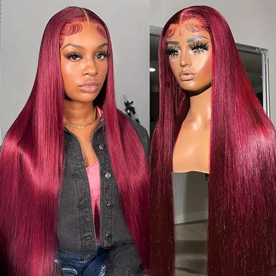 QT Hair 99J Color Lace Closure Wigs Pre Plucked Human Hair Silky Straight ｜QT Hair