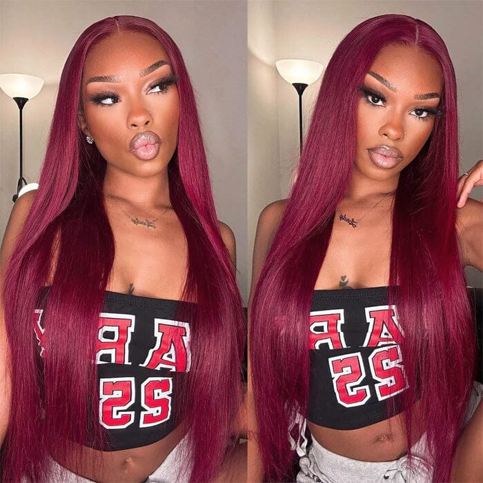 QT Hair 99J Color Lace Closure Wigs Pre Plucked Human Hair Silky Straight ｜QT Hair