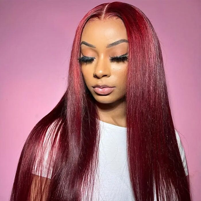 QT Hair 99J Color Lace Closure Wigs Pre Plucked Human Hair Silky Straight ｜QT Hair