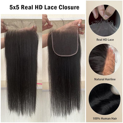Cheveux humains vierges ondulés 5x5 HD avec fermeture en dentelle pré-épilée