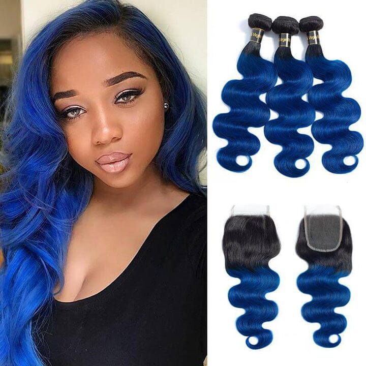 Buy Dark Roots Blue Color Human Hair Bundles Weave Get 1B/Blue Lace Closure Free