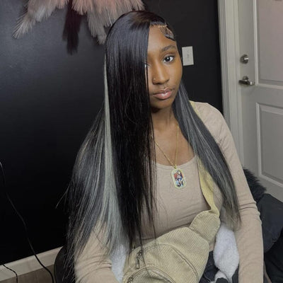 Perruque frontale en dentelle 13x4, cheveux humains pré-épilés, couleur 1B/gris, vente flash