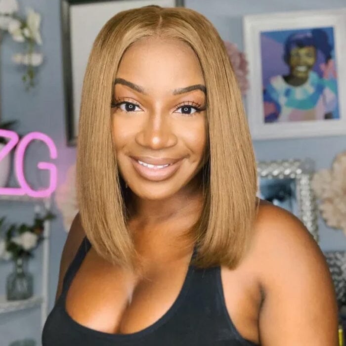 QT Hair Honey Blonde Color 27 Lace Closure Wig Short Bob Straight Human Hair ｜QT Hair