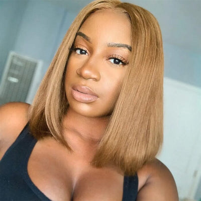 QT Hair Honey Blonde Color 27 Lace Closure Wig Short Bob Straight Human Hair ｜QT Hair