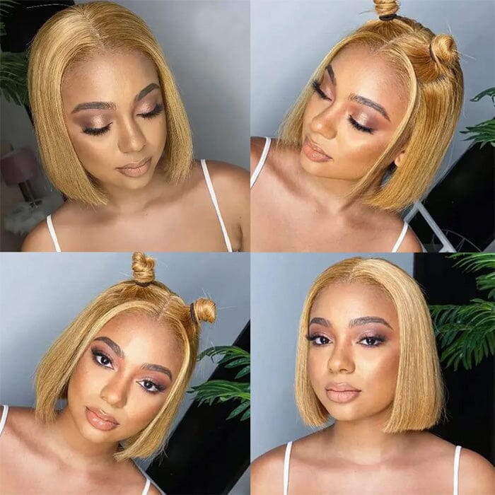 QT Hair Honey Blonde Color 27 Lace Closure Wig Short Bob Straight Human Hair ｜QT Hair