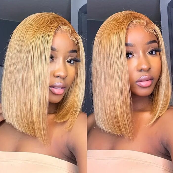 QT Hair Honey Blonde Color 27 Lace Closure Wig Short Bob Straight Human Hair ｜QT Hair