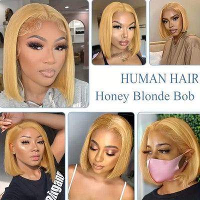 QT Hair Honey Blonde Color 27 Lace Closure Wig Short Bob Straight Human Hair ｜QT Hair