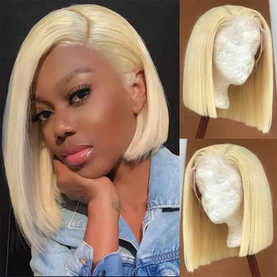 QT Hair Honey Blonde Highlight Short Bob Lace Frontal Wig Bone Straight 613 Human Hair ｜QT Hair
