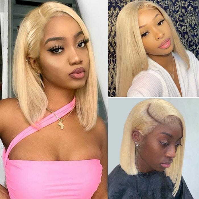 QT Hair Honey Blonde Highlight Short Bob Lace Frontal Wig Bone Straight 613 Human Hair ｜QT Hair