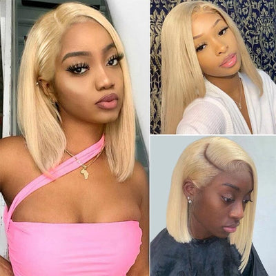 QT Hair Honey Blonde Highlight Short Bob Lace Frontal Wig Bone Straight 613 Human Hair ｜QT Hair