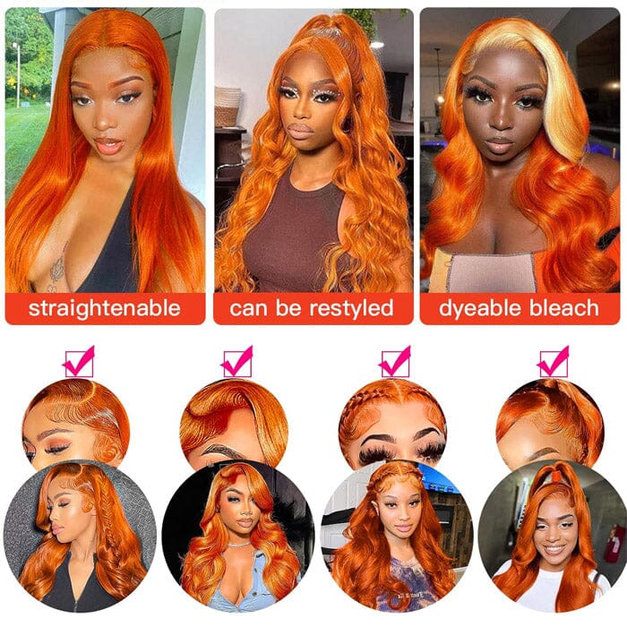 QT Lace Frontal Wigs Human Hair Body Wave Ginger Orange Color for Women ｜QT Hair
