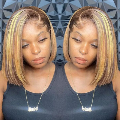 QT Short Bob Ombre Highlight Lace Frontal Wig Honey Blond Bone Straight Human Hair ｜QT Hair