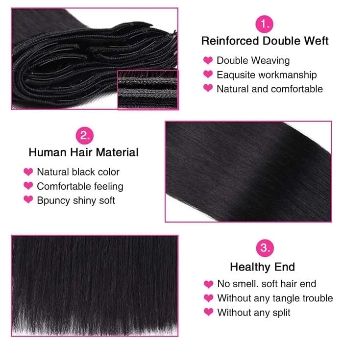 QT Straight Clips in Human Hair Extension Natural Black Ponytail Virgin Human Hair ｜QT Hair