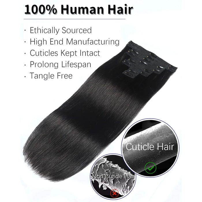 QT Straight Clips in Human Hair Extension Natural Black Ponytail Virgin Human Hair ｜QT Hair