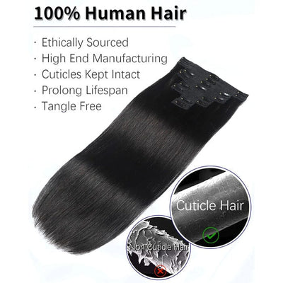 QT Straight Clips in Human Hair Extension Natural Black Ponytail Virgin Human Hair ｜QT Hair